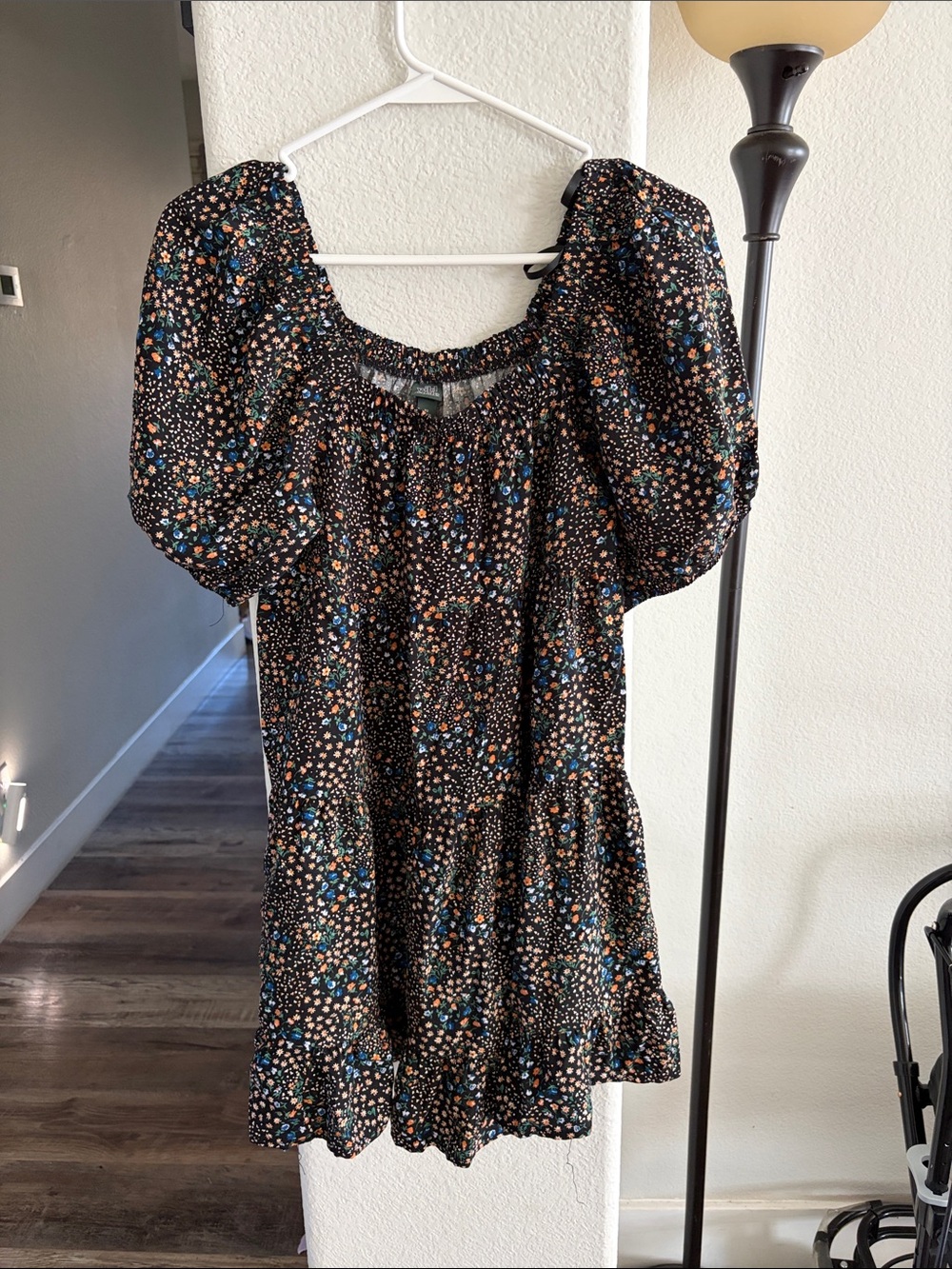 wild fable Black Floral Puff-Sleeve Mini Dress